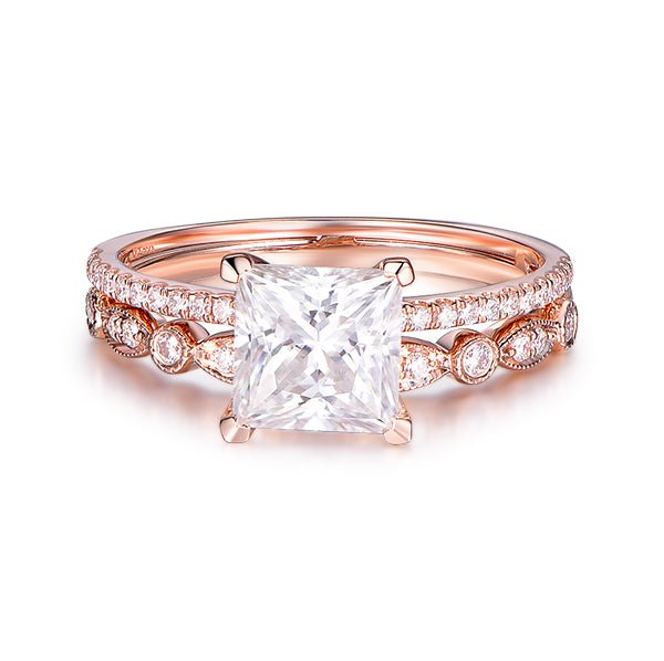 Princess Morganite Diamond United - as - One Bridal Set 14K Gold - Lord of Gem Rings