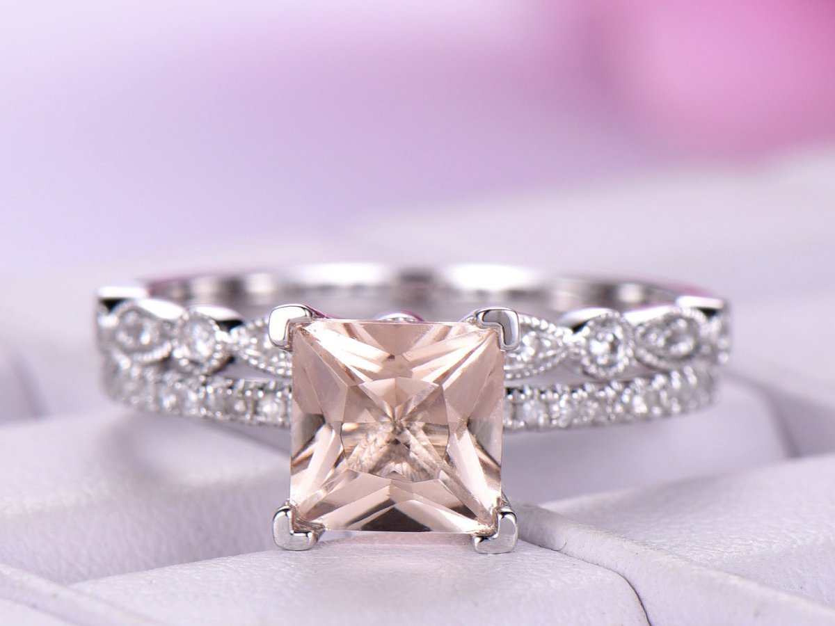 Princess Morganite Diamond United - as - One Bridal Set 14K Gold - Lord of Gem Rings