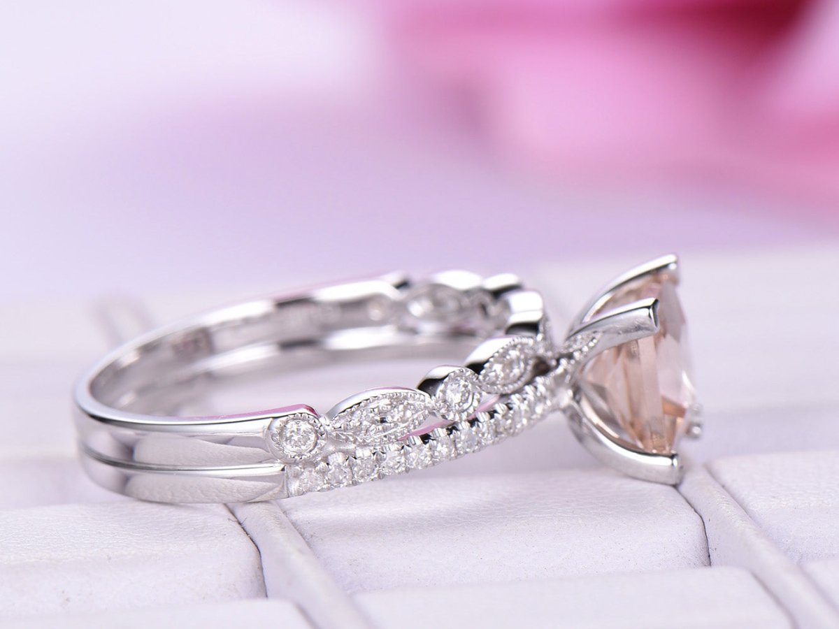Princess Morganite Diamond United - as - One Bridal Set 14K Gold - Lord of Gem Rings