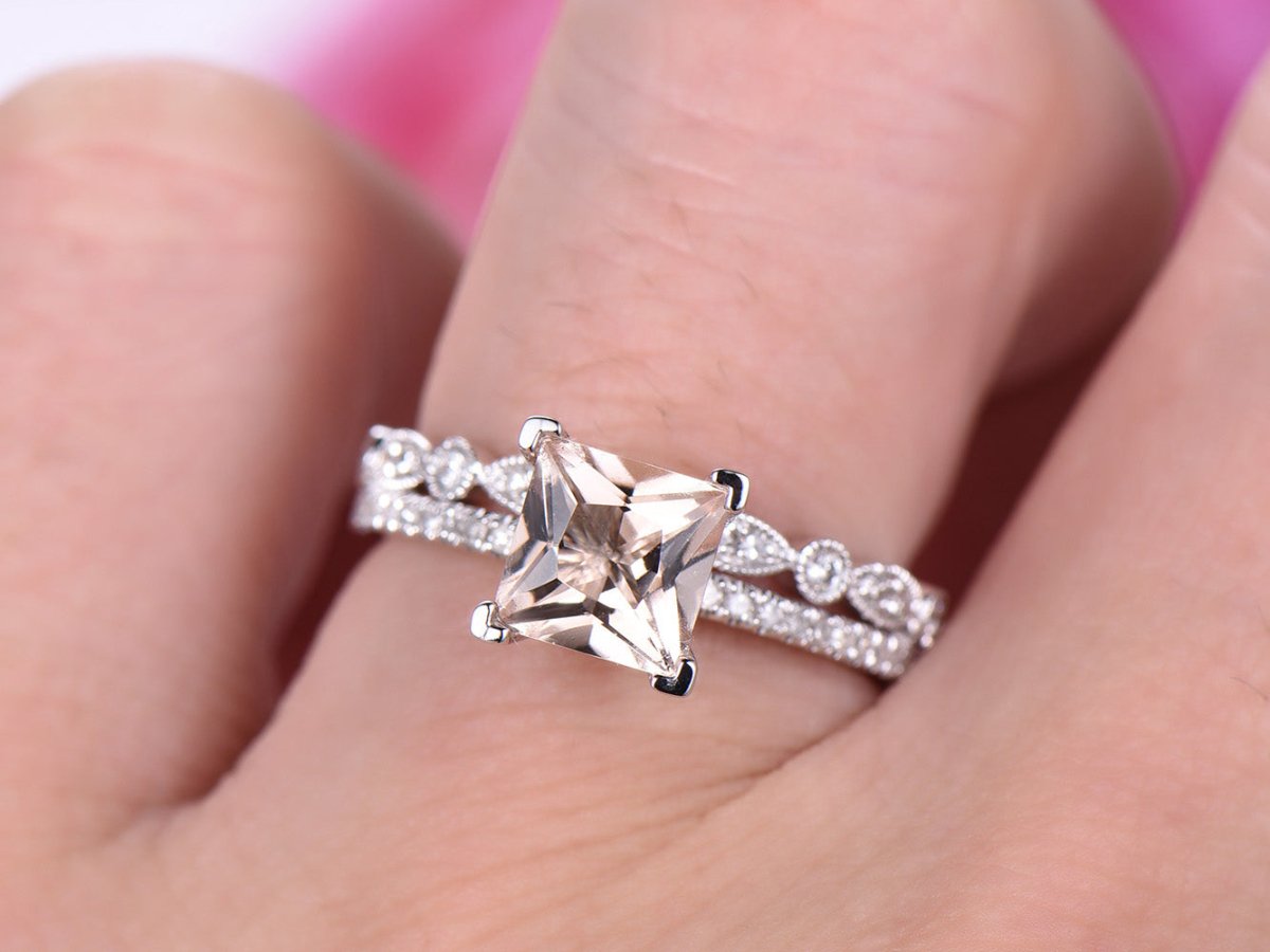 Princess Morganite Diamond United - as - One Bridal Set 14K Gold - Lord of Gem Rings