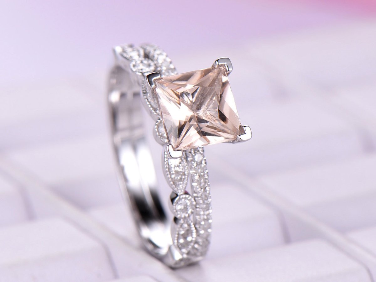 Princess Morganite Diamond United - as - One Bridal Set 14K Gold - Lord of Gem Rings