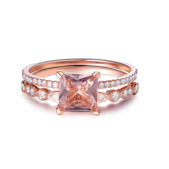 1.3ct Princess Morganite United-as-One Bridal Set 14K Gold