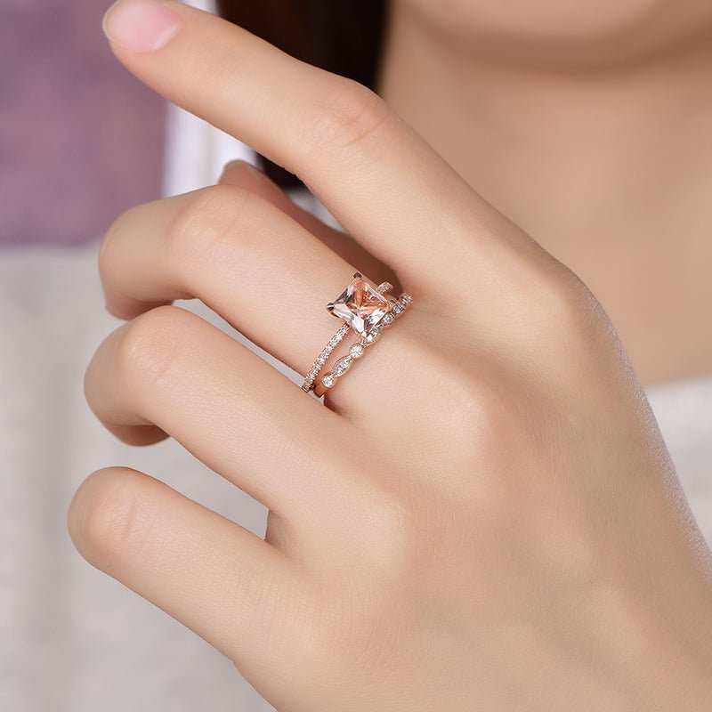 Princess Morganite Diamond United - as - One Bridal Set 14K Gold - Lord of Gem Rings