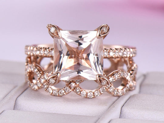 2.3ct Princess Morganite Hidden Halo Diamond Infinite Love Bridal Set