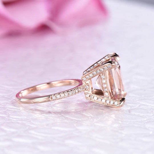 5ct Princess Morganite Hidden Halo Diamond Prongs Ring