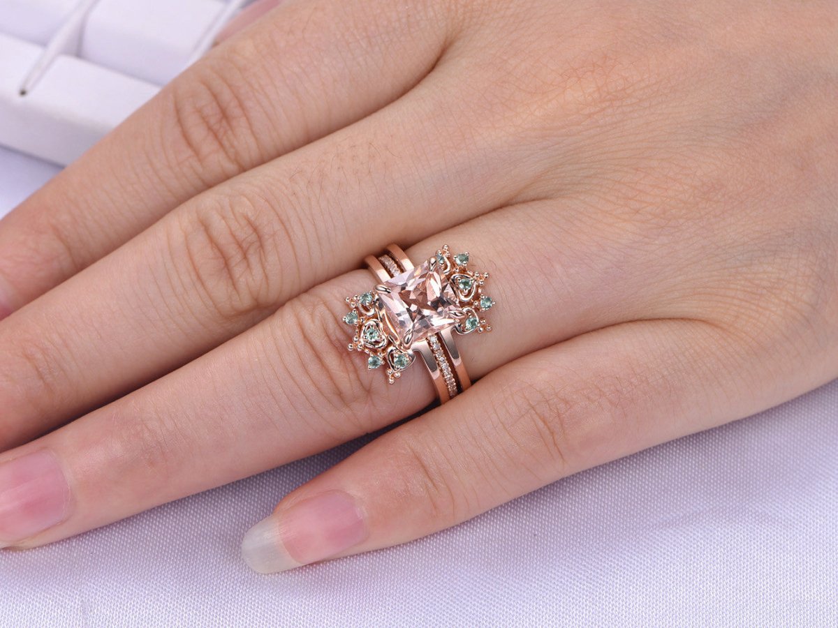 Princess Morganite Ring Alexandrite Tiara Bridal Set 14K Rose Gold - Lord of Gem Rings
