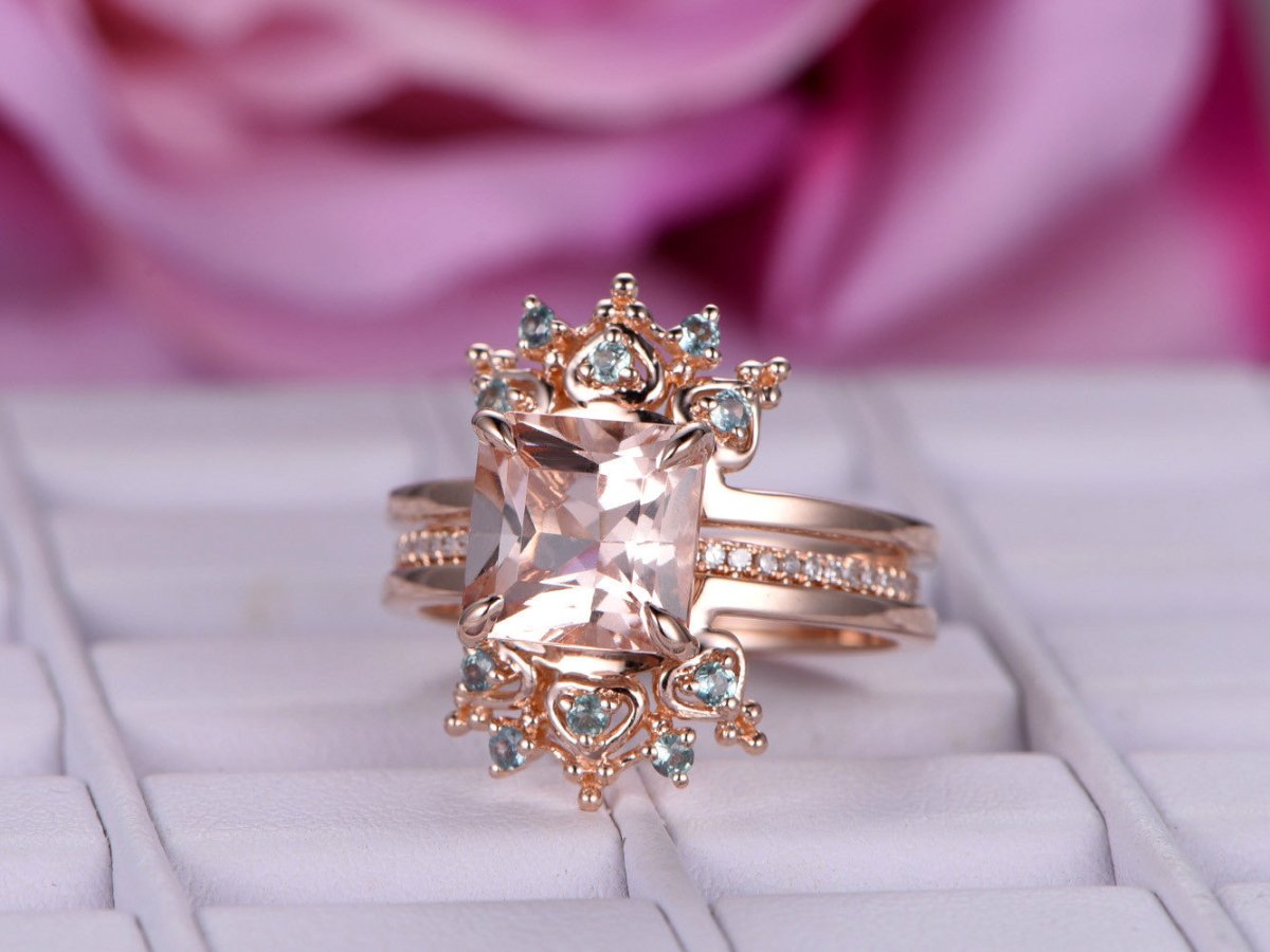 Princess Morganite Ring Alexandrite Tiara Bridal Set 14K Rose Gold - Lord of Gem Rings