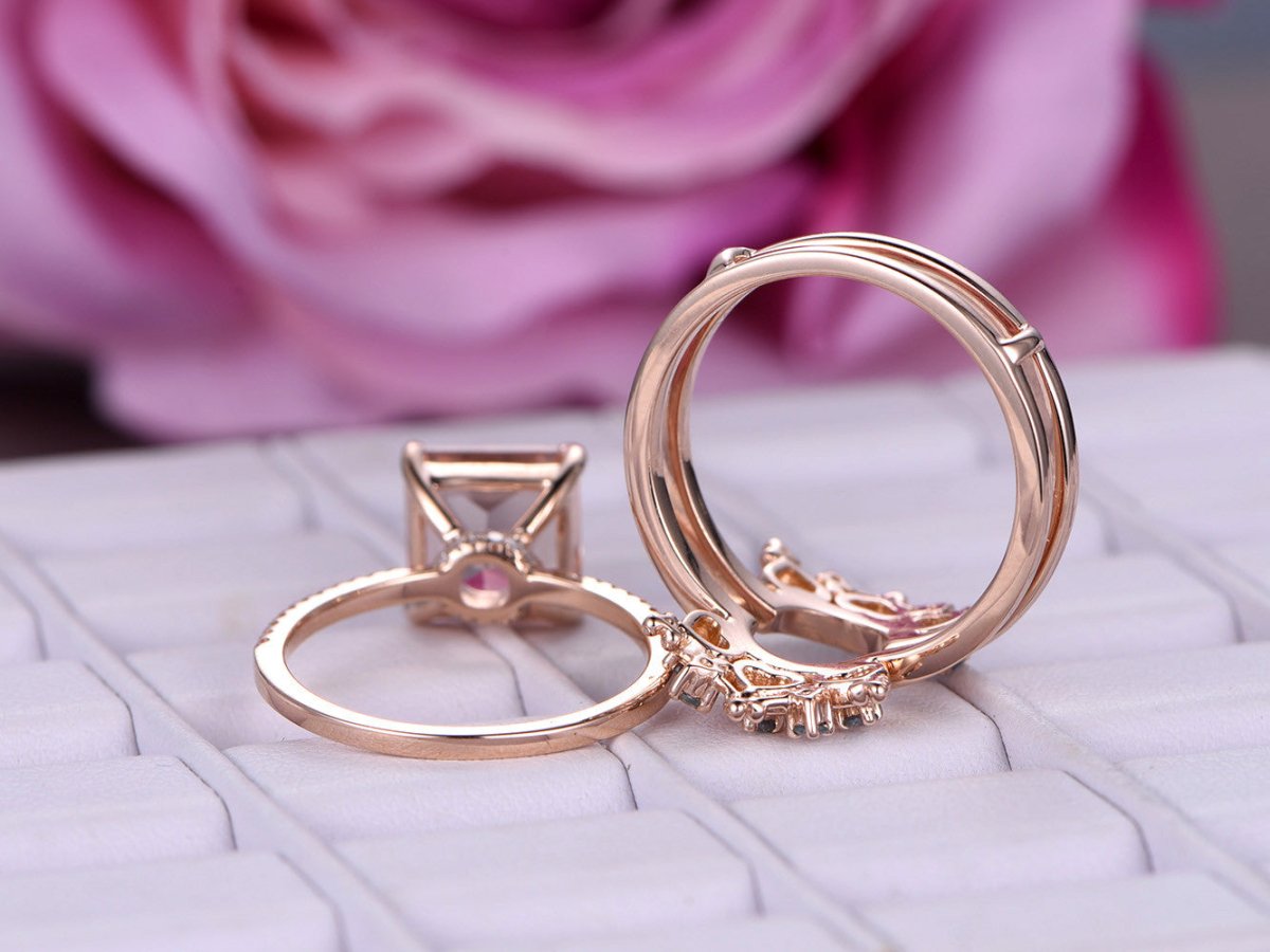 Princess Morganite Ring Alexandrite Tiara Bridal Set 14K Rose Gold - Lord of Gem Rings