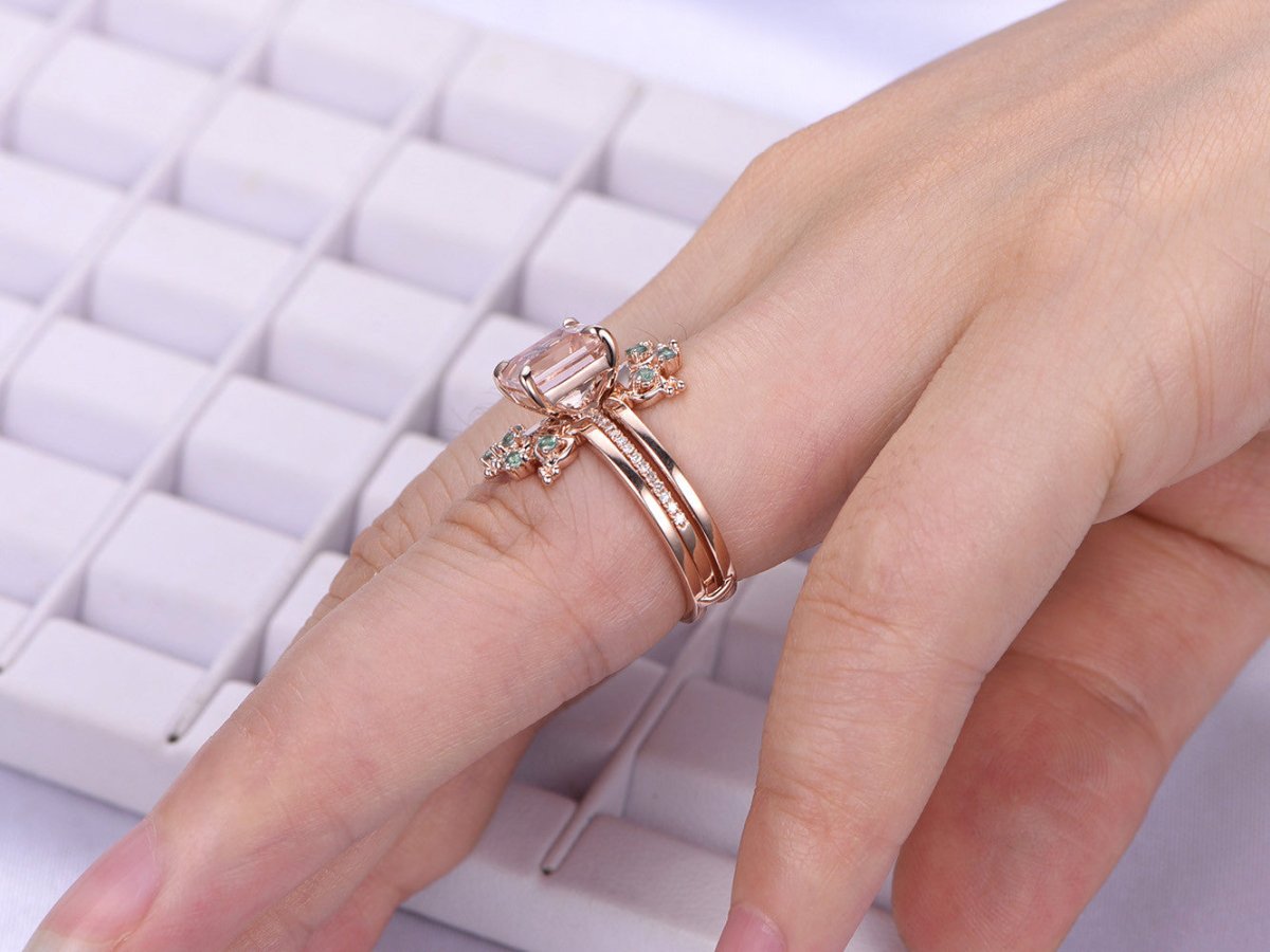 Princess Morganite Ring Alexandrite Tiara Bridal Set 14K Rose Gold - Lord of Gem Rings