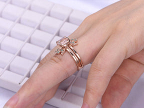 Princess Morganite Ring Alexandrite Tiara Bridal Set 14K Rose Gold - Lord of Gem Rings