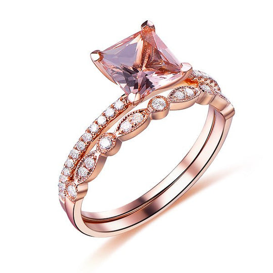 Princess Morganite Ring Art Deco Diamond Accents Bridal Set