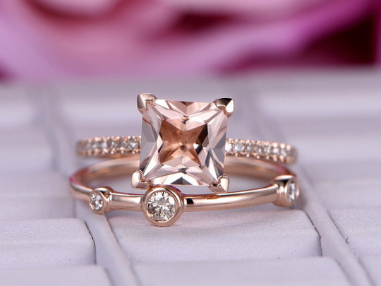Princess Morganite Ring Bubble Diamond Bridal Set 14K Rose Gold