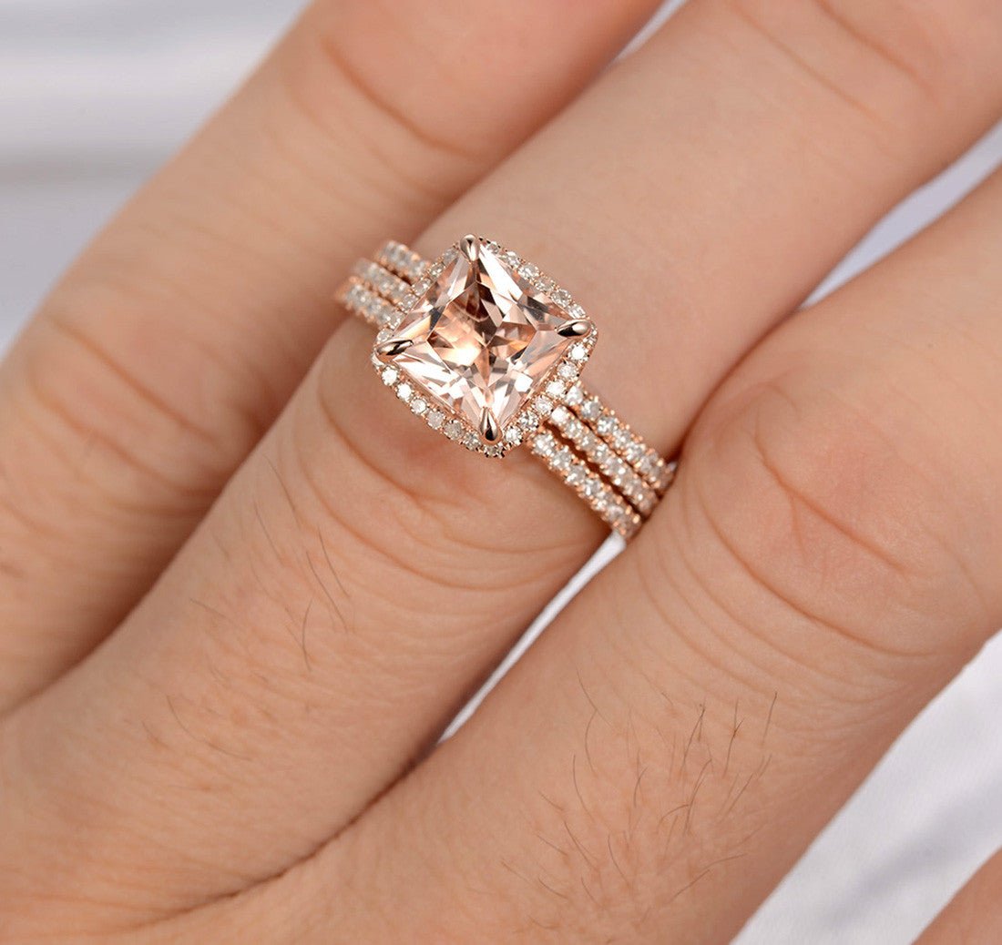 Princess Morganite Ring Cushion Halo Diamond Trio Bridal Set - Lord of Gem Rings