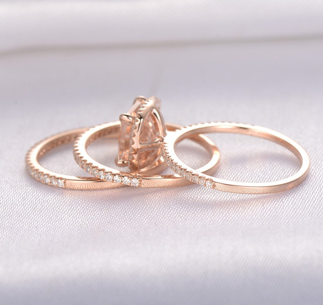 Princess Morganite Ring Cushion Halo Diamond Trio Bridal Set - Lord of Gem Rings