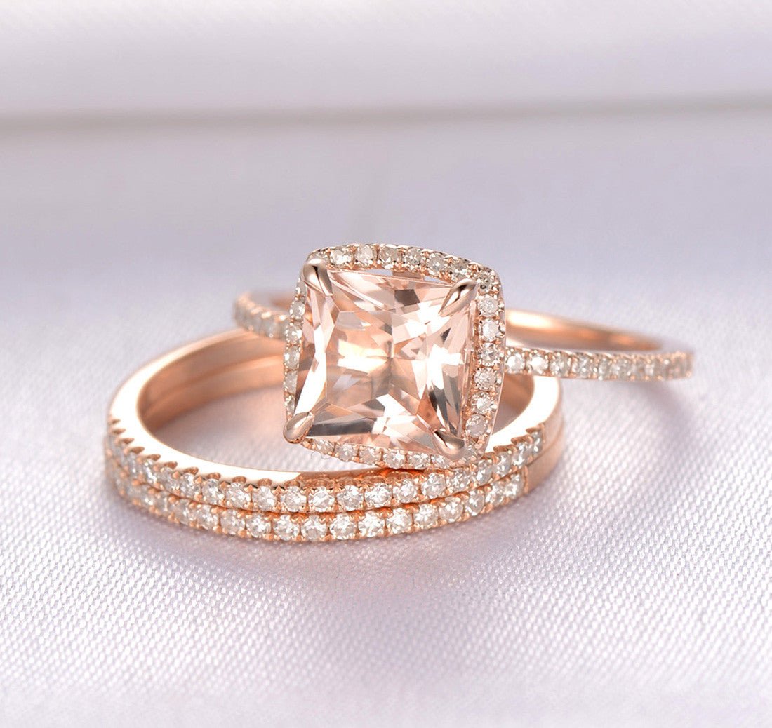 Princess Morganite Ring Cushion Halo Diamond Trio Bridal Set - Lord of Gem Rings