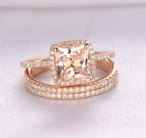 Princess Morganite Ring Cushion Halo Diamond Trio Bridal Set - Lord of Gem Rings