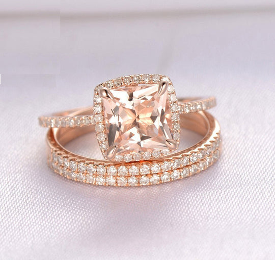 Princess Morganite Ring Cushion Halo Diamond Trio Bridal Set