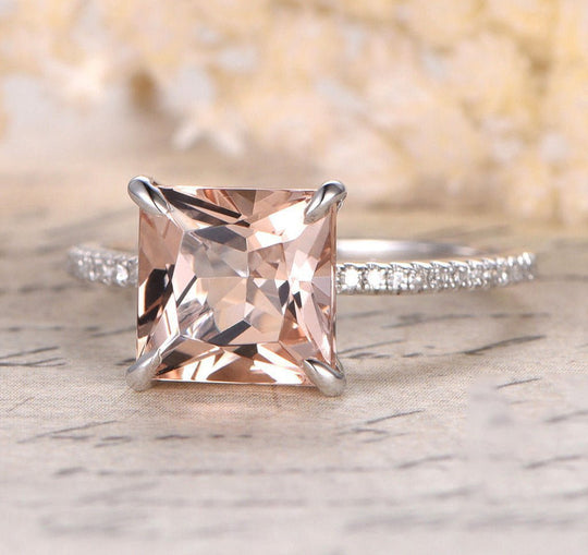 Princess Morganite Ring Diamond Hidden Accents 14K White Gold