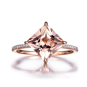 Princess Morganite Ring Triple Diamond Accents 14K Gold - Lord of Gem Rings