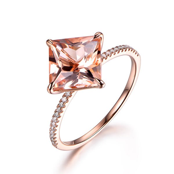 Princess Morganite Ring Triple Diamond Accents 14K Gold - Lord of Gem Rings