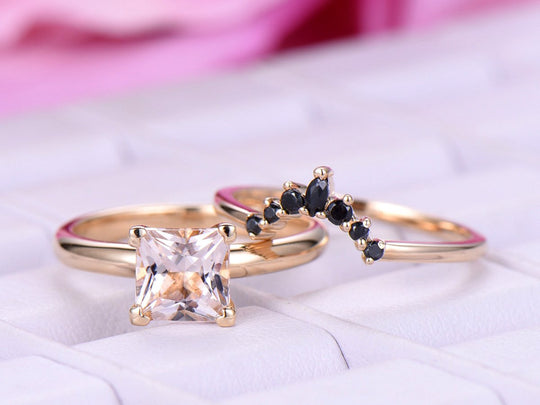 Princess Morganite Solitaire Ring Black Onyx Tiara Bridal Set 14k Yellow Gold