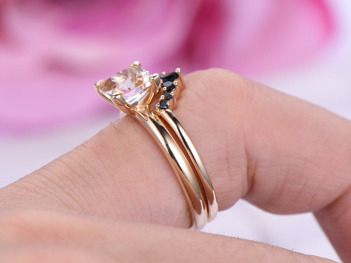 Princess Morganite Solitaire Ring Black Onyx Tiara Bridal Set 14k Yellow Gold - Lord of Gem Rings