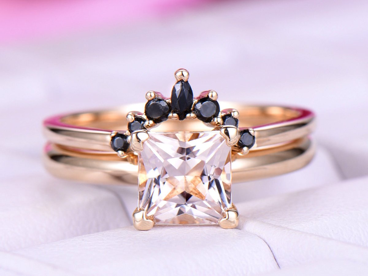 Princess Morganite Solitaire Ring Black Onyx Tiara Bridal Set 14k Yellow Gold - Lord of Gem Rings