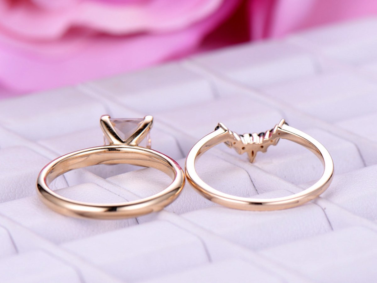 Princess Morganite Solitaire Ring Black Onyx Tiara Bridal Set 14k Yellow Gold - Lord of Gem Rings