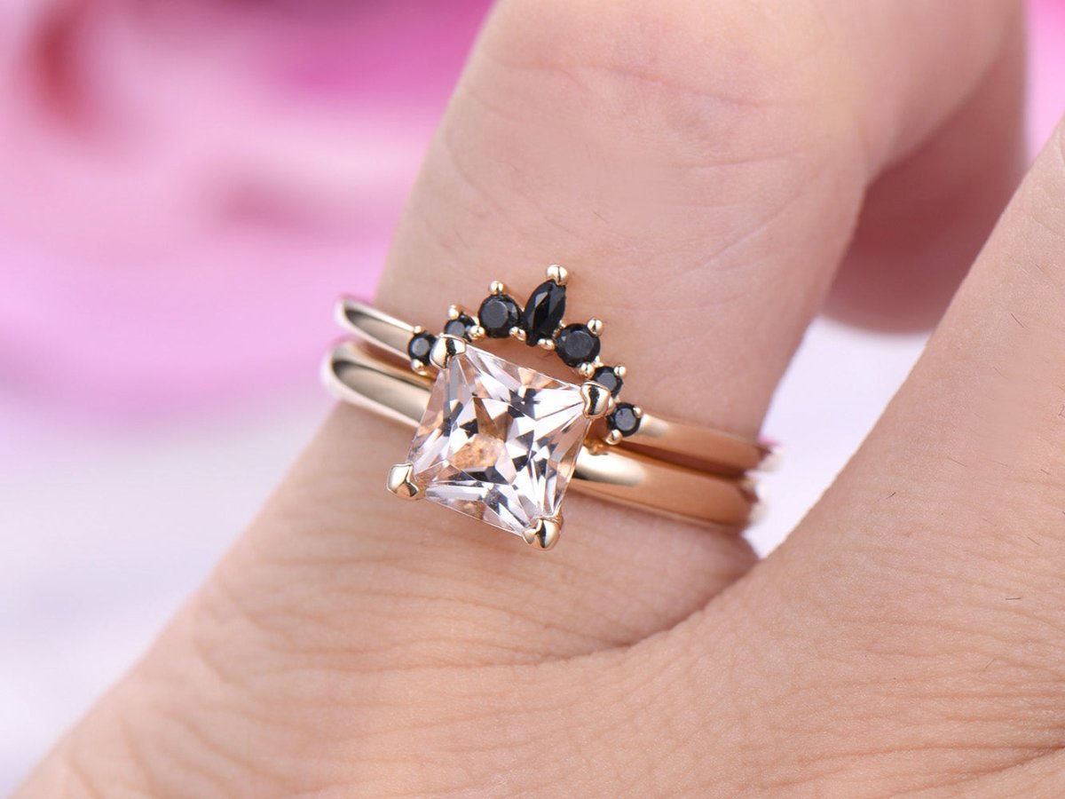 Princess Morganite Solitaire Ring Black Onyx Tiara Bridal Set 14k Yellow Gold - Lord of Gem Rings
