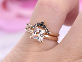 Princess Morganite Solitaire Ring Black Onyx Tiara Bridal Set 14k Yellow Gold - Lord of Gem Rings