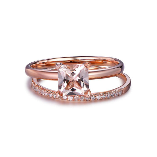 Princess Morganite Solitaire Ring Diamond Wedding Band Bridal Set