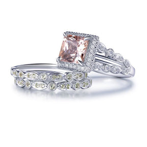 Princess Morganite Split Shank Trio Bridal Set Art Deco Peridot Band - Lord of Gem Rings