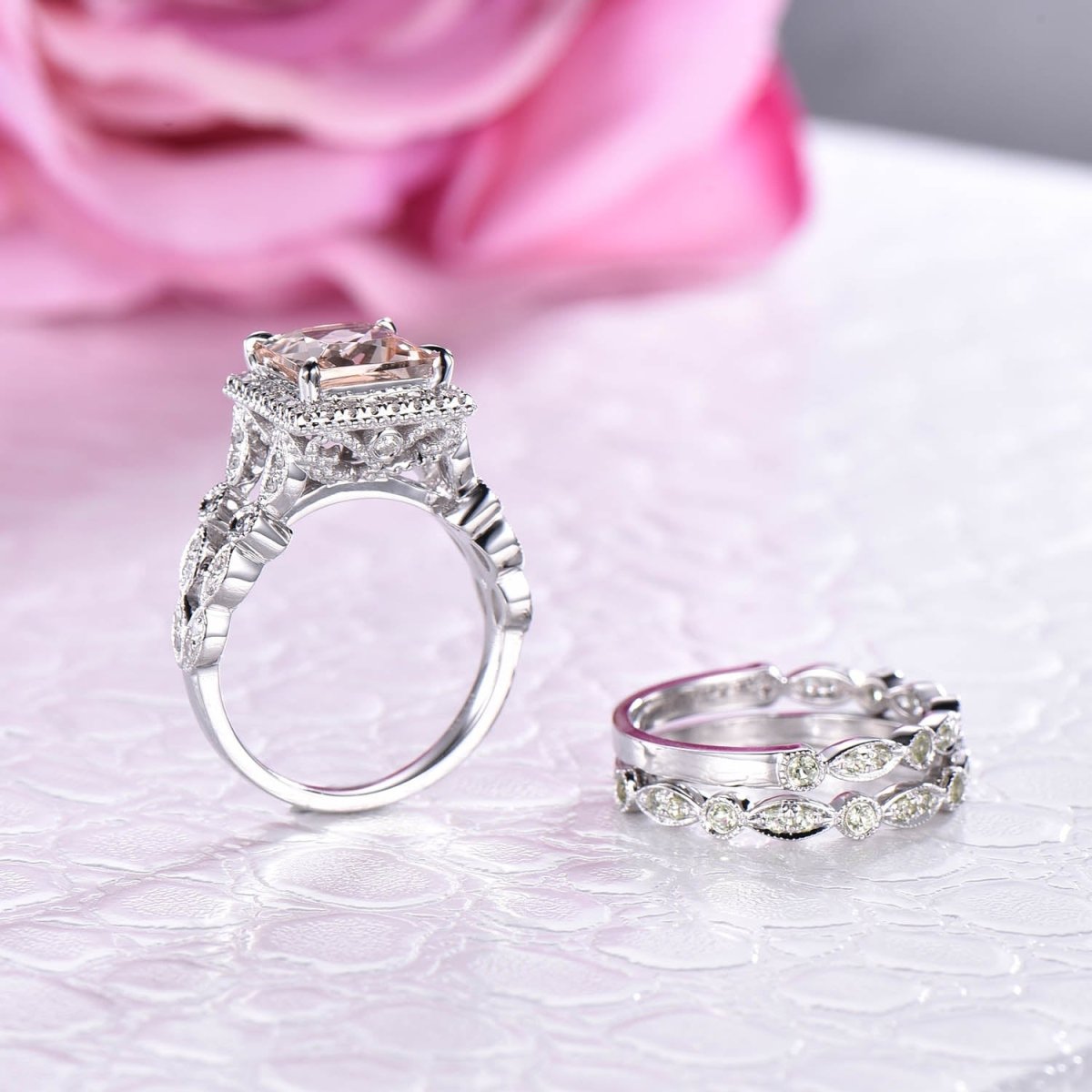 Princess Morganite Split Shank Trio Bridal Set Art Deco Peridot Band - Lord of Gem Rings