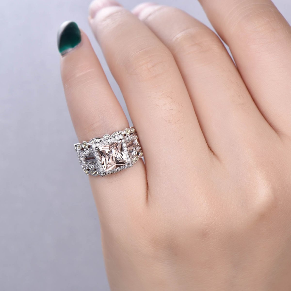 Princess Morganite Split Shank Trio Bridal Set Art Deco Peridot Band - Lord of Gem Rings