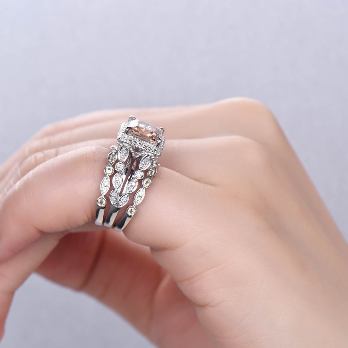 Princess Morganite Split Shank Trio Bridal Set Art Deco Peridot Band - Lord of Gem Rings