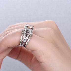 Princess Morganite Split Shank Trio Bridal Set Art Deco Peridot Band - Lord of Gem Rings