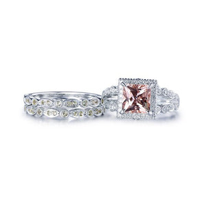 Princess Morganite Split Shank Trio Bridal Set Art Deco Peridot Band - Lord of Gem Rings
