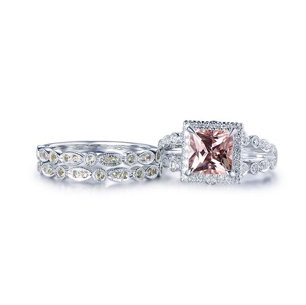 Princess Morganite Split Shank Trio Bridal Set Art Deco Peridot Band - Lord of Gem Rings