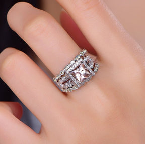 Princess Morganite Split Shank Trio Bridal Set Art Deco Peridot Band - Lord of Gem Rings
