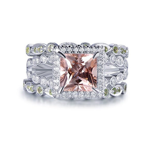 2.2ct Princess Morganite Split Shank Trio Bridal Set Art Deco Peridot Band