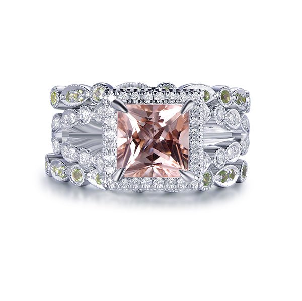 Princess Morganite Split Shank Trio Bridal Set Art Deco Peridot Band - Lord of Gem Rings