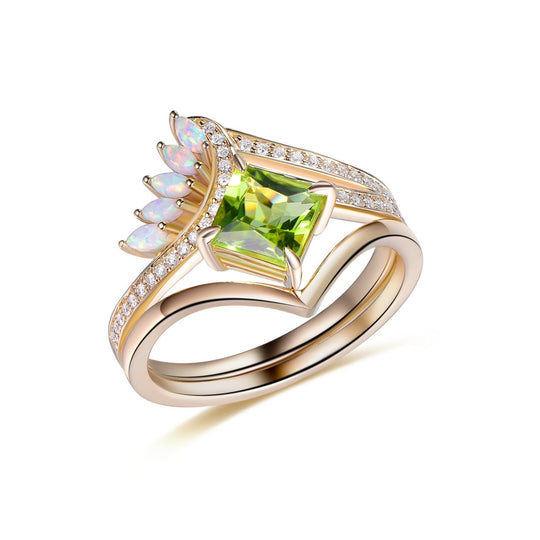 Princess Peridot Marquise Opal Bridal Set 14K Gold
