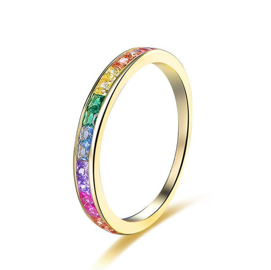 Princess Rainbow Ruby Citrine Sapphire Emerald Birthstone Band 14K Yellow Gold