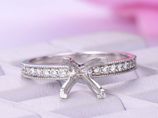 Princess Semi Mount Ring Diamond Milgrain Shank