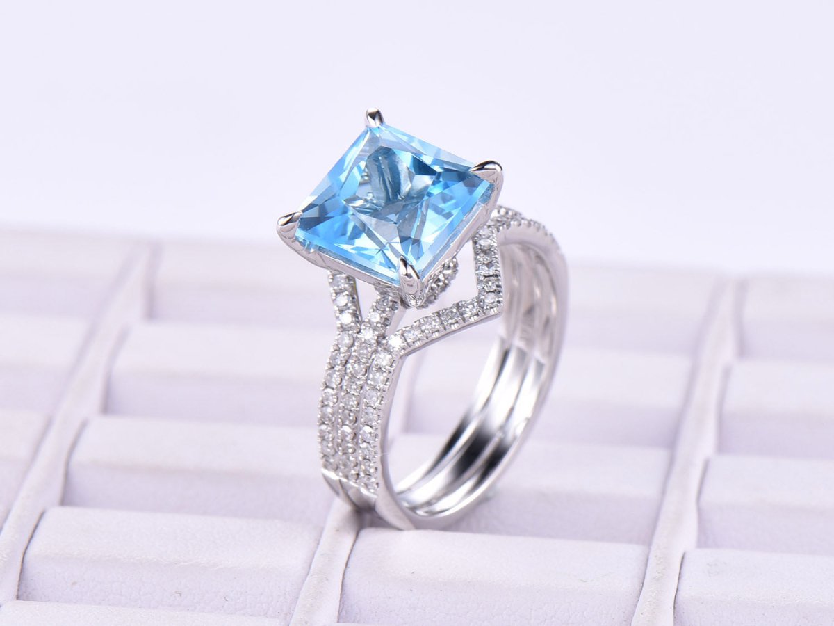 Princess Swiss Blue Topaz Ring Trio Set Contour Diamond Chevron Band - Lord of Gem Rings