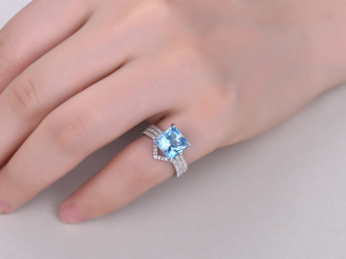 Princess Swiss Blue Topaz Ring Trio Set Contour Diamond Chevron Band - Lord of Gem Rings