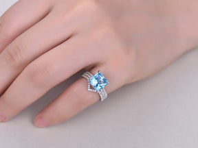 Princess Swiss Blue Topaz Ring Trio Set Contour Diamond Chevron Band - Lord of Gem Rings
