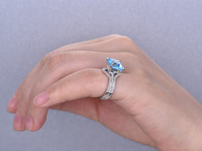 Princess Swiss Blue Topaz Ring Trio Set Contour Diamond Chevron Band - Lord of Gem Rings