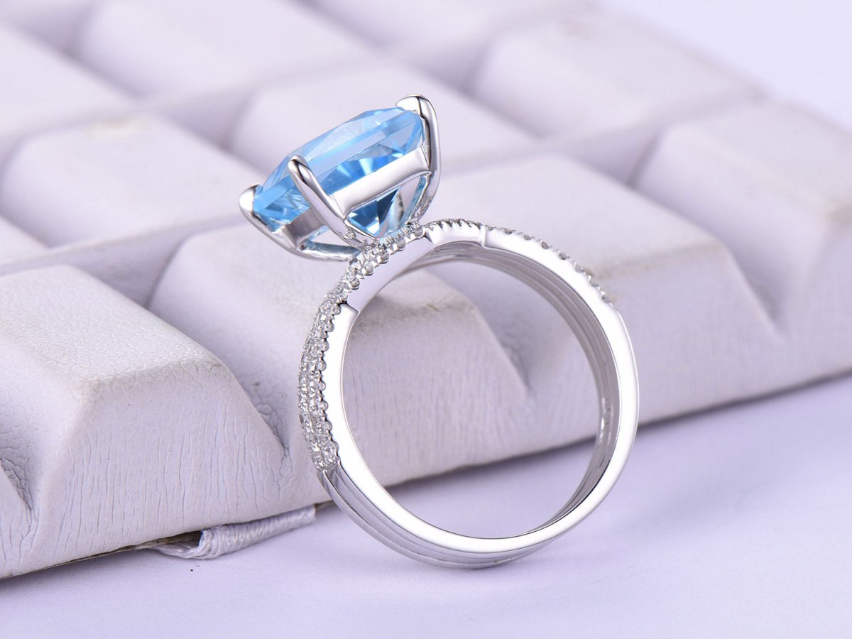 Princess Swiss Blue Topaz Ring Trio Set Contour Diamond Chevron Band - Lord of Gem Rings