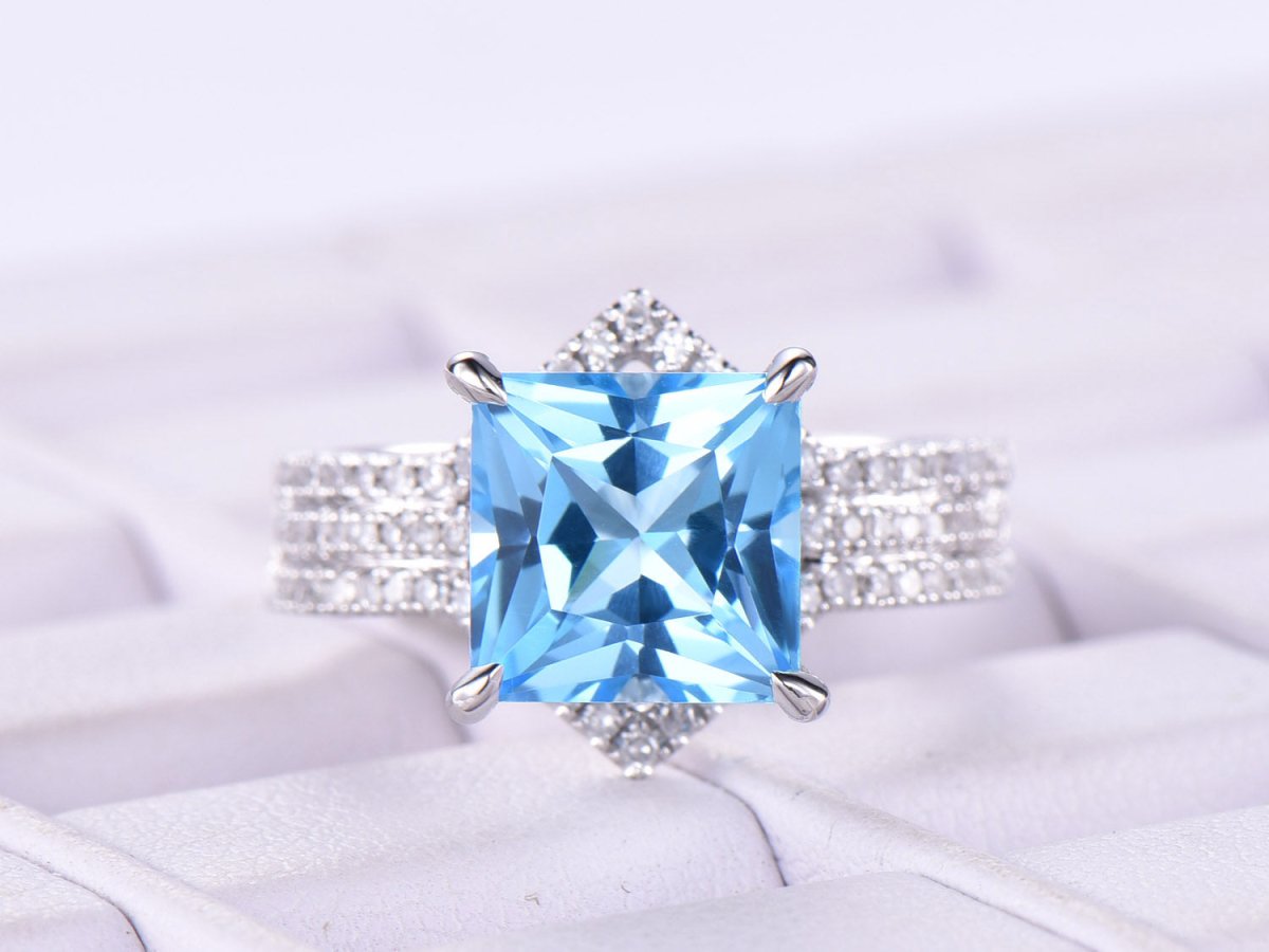 Princess Swiss Blue Topaz Ring Trio Set Contour Diamond Chevron Band - Lord of Gem Rings